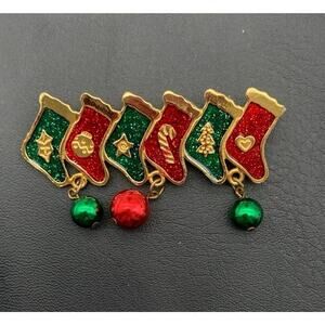 Vintage NP Christmas Stocking Bell Dangle Charms Brooch Pin GLITTER Gold